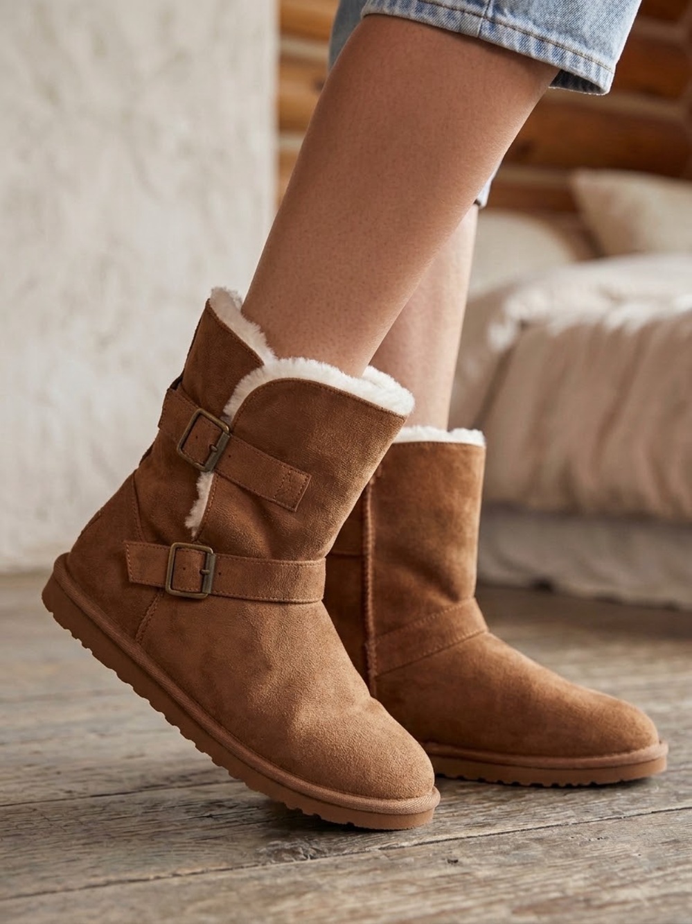 Aeropostale Chestnut Suede Shearling Buckle Boots